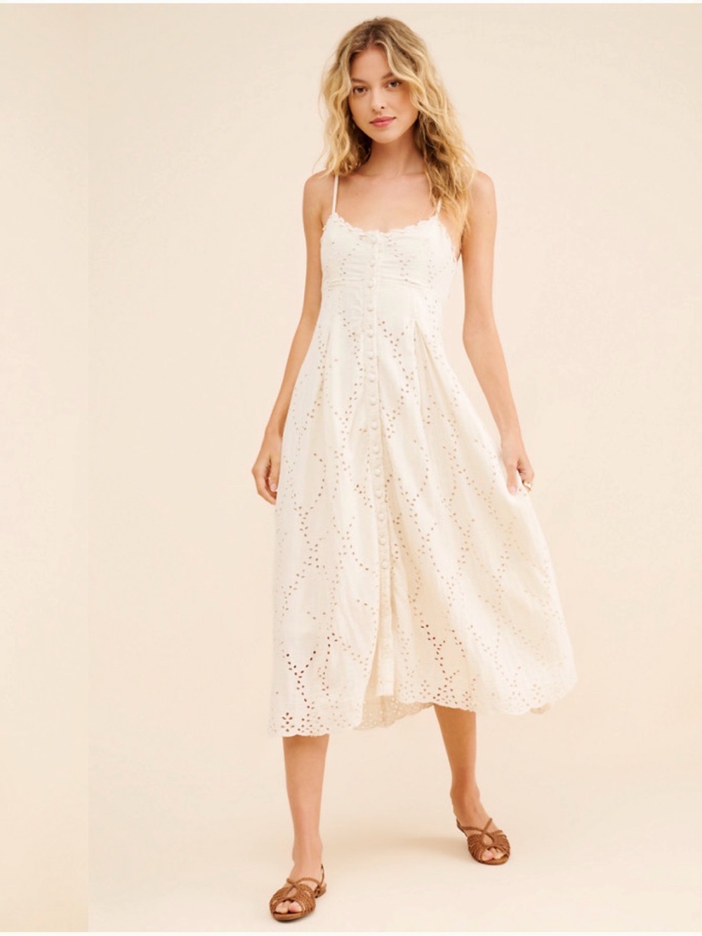 Free People Getaway Eyelet Midi Dress Medium Cream Cottagecore Boho Chic